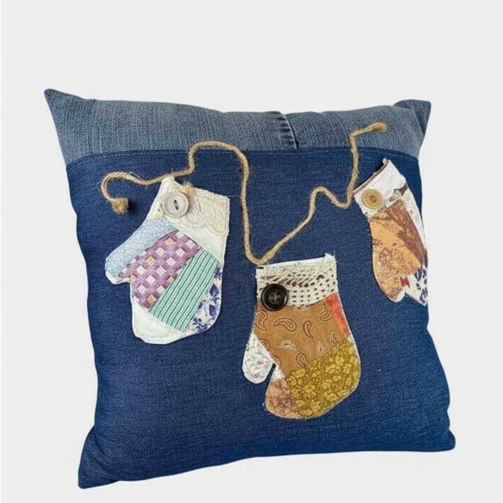 Hand Crafted Denim Pillow with Vintage Embroidered Mittens And Jute‎ Applique